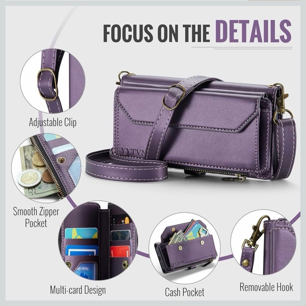 Premium iPhone 14 Purple Crossbody Wallet Phone Case with Strap - Picture 4 of 13